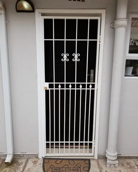 Painting job: black painted door behind white security gate, doormat