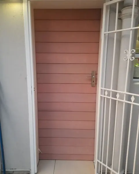 Before. Painting job: pink slatted door outside, white burglar gate beside